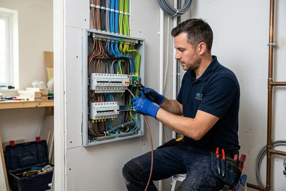 Electricista de nuestro equipo revisando un cuadro eléctrico en una vivienda de Burgos