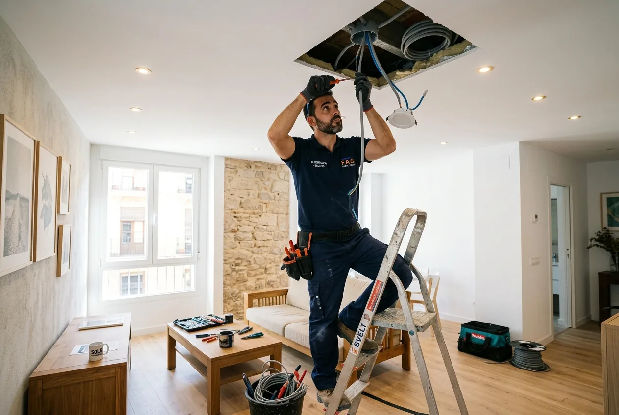Electricista renovando la instalación de una vivienda antigua en Burgos