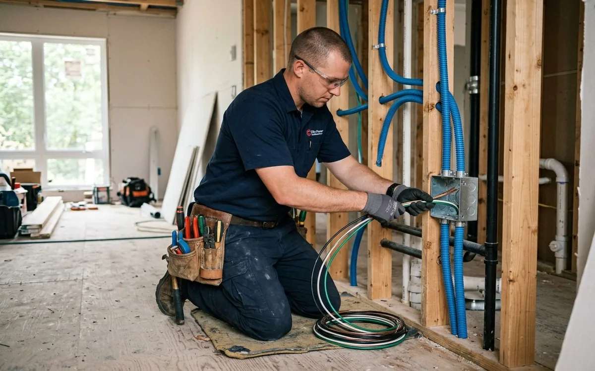 Electricista ampliando el cuadro de una vivienda con calefacción eléctrica en Medina de Pomar