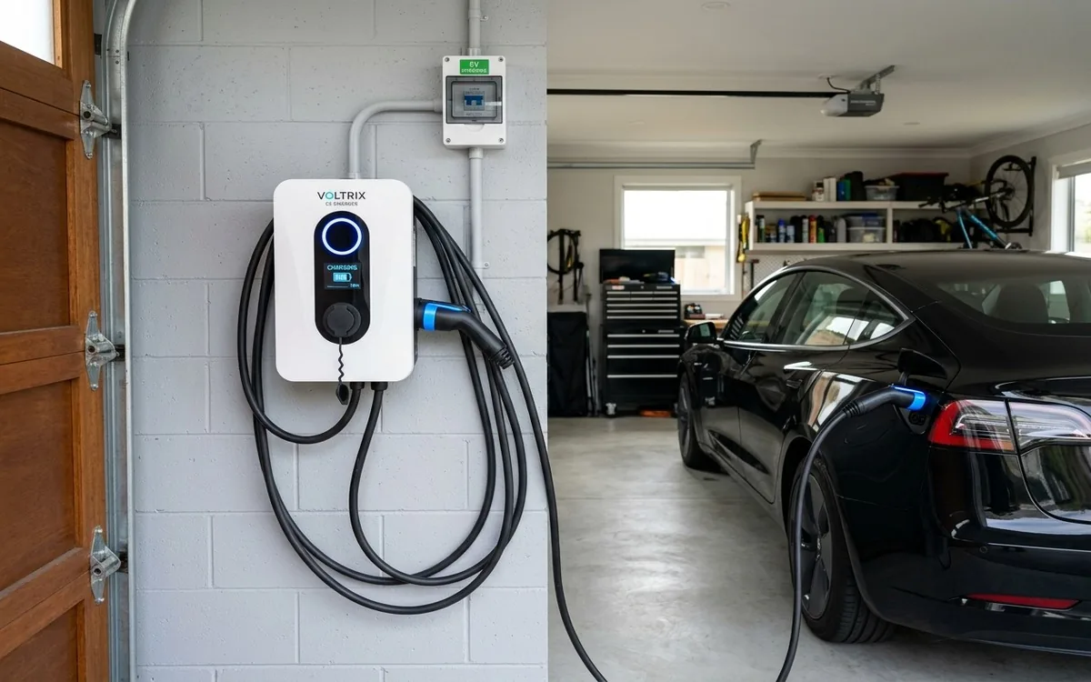 Punto de recarga de vehículo eléctrico instalado en una plaza de garaje