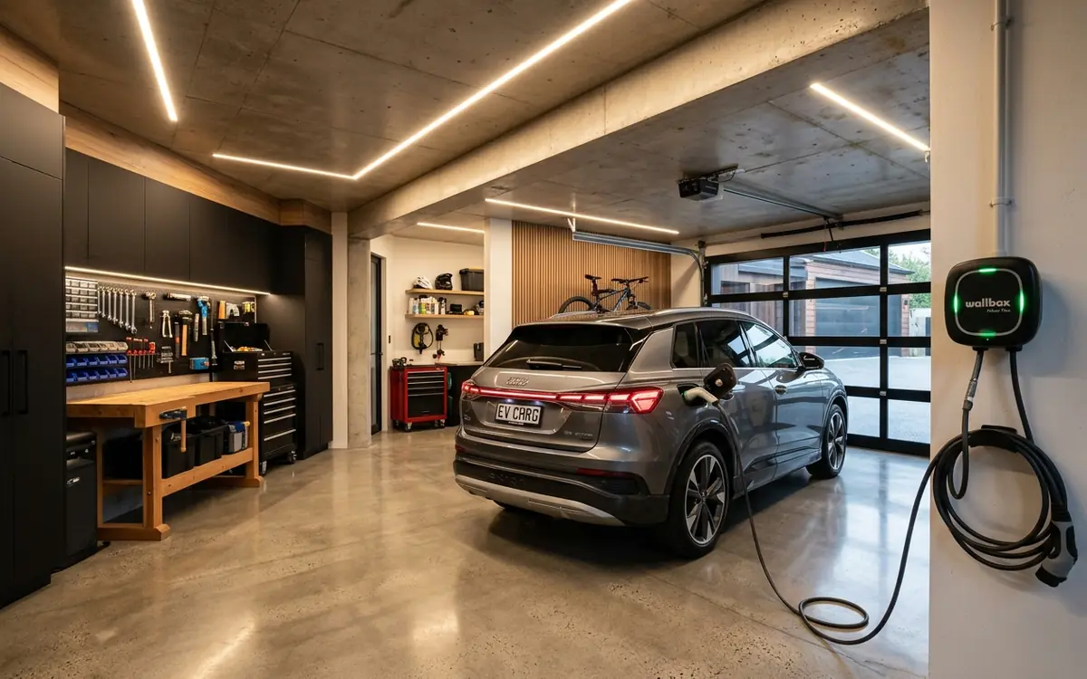 Garaje de vivienda con punto de recarga de coche eléctrico e iluminación LED