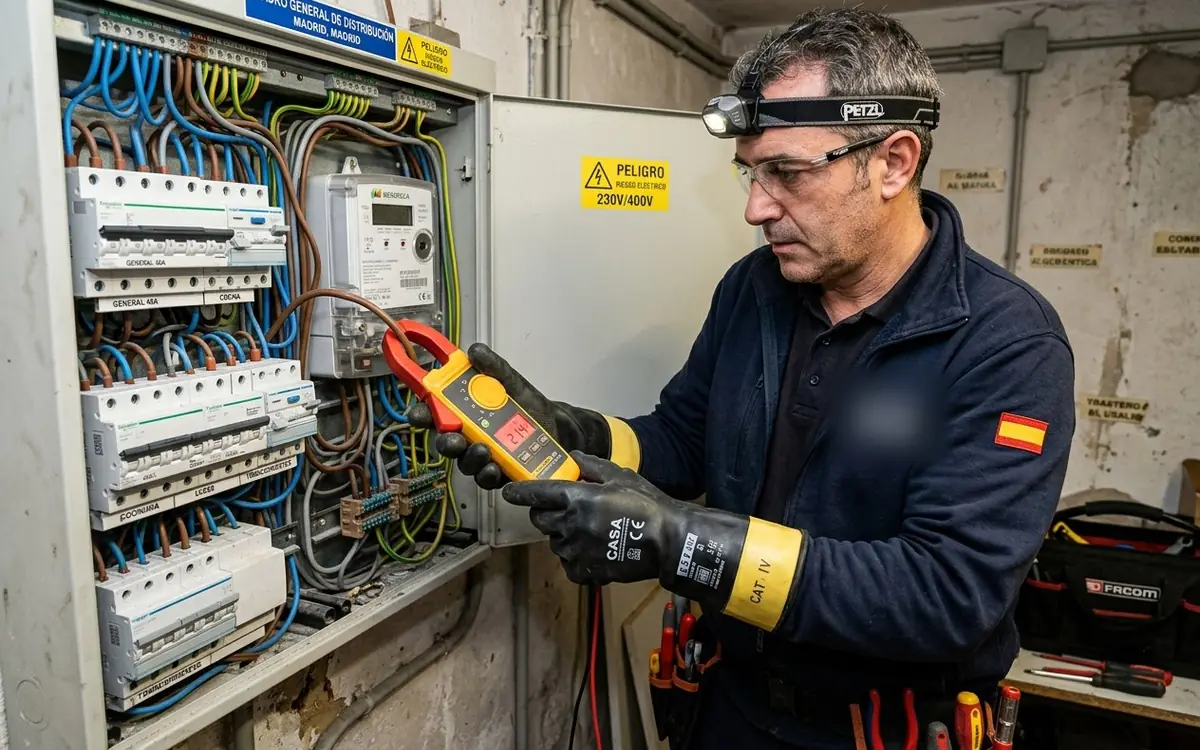Electricista comprobando la tensión en un cuadro eléctrico con pinza amperimétrica