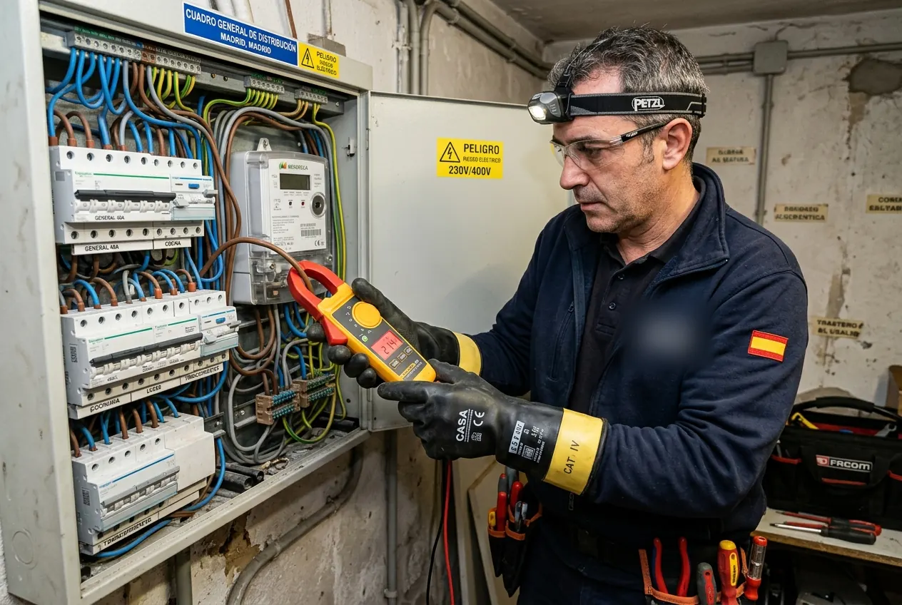 Electricista midiendo con pinza amperimétrica durante una avería urgente