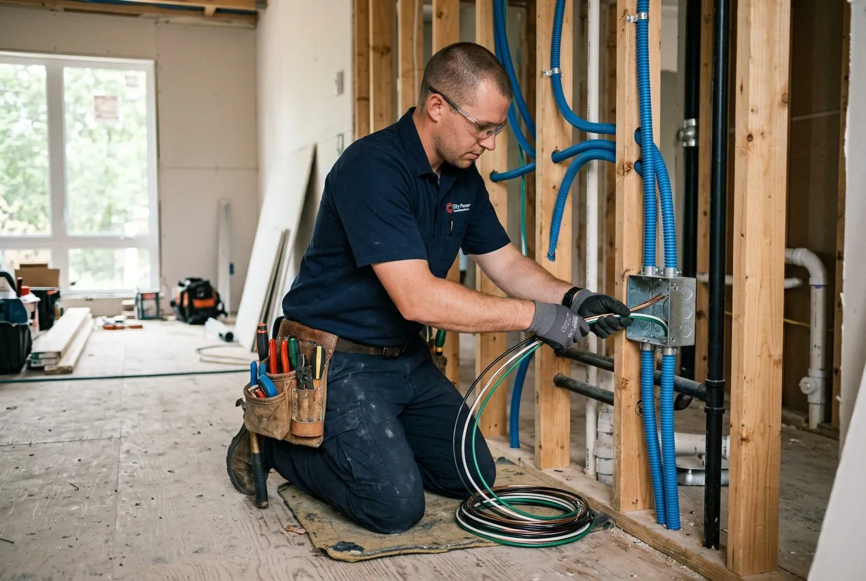 Electricista pasando cableado nuevo en una reforma de vivienda en Burgos